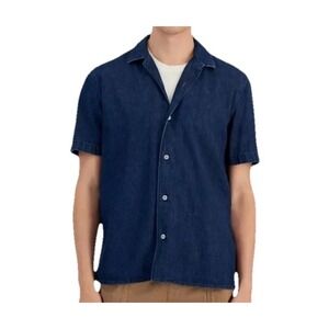 Sun + Stone Woven Denim Button Down Men's Shirt Size L Dark Blue